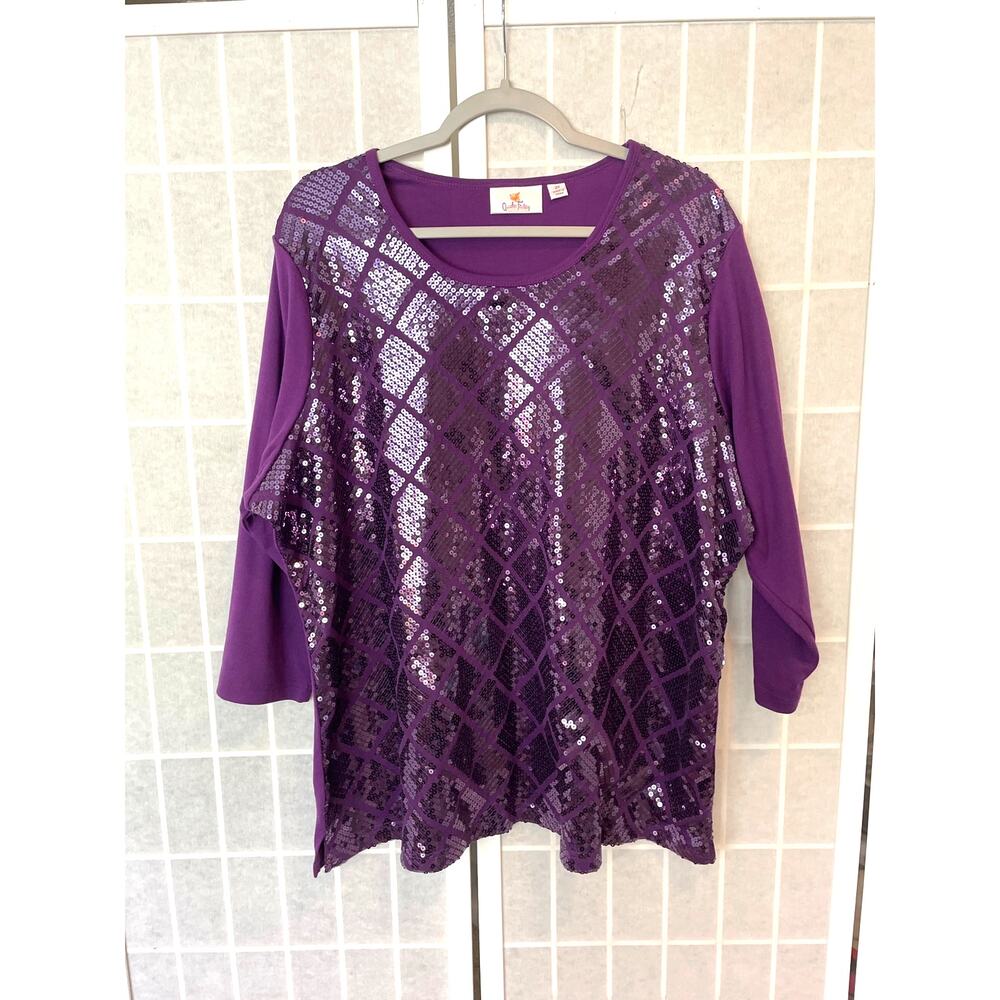 Quacker Factory Purple Sequin Embellished Top 3/4 Sleeve 2X Casual Glam Festive